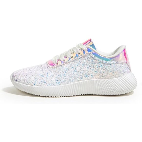 Brand New Women White Rubber LUCKY STEP Glitter Sparkly Metallic Tennis Shoes - Picture 1 of 9